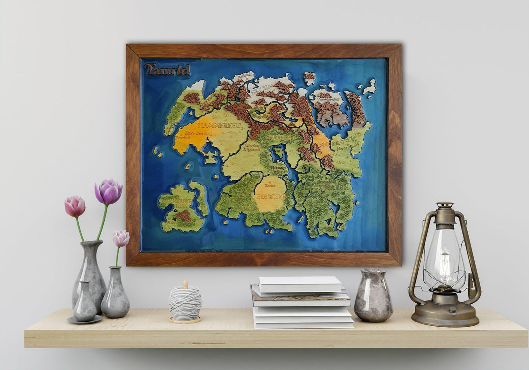 Skyrim Wood Map | Tamriel engraved epoxy map | The Elder Scrolls TES Gift Wooden Decor | Morrowind Oblivion Map